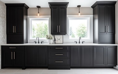 Modern kitchen with black cabinets and white countertop.