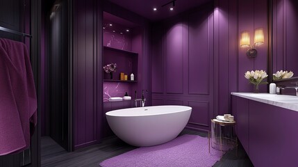 Modern purple bathroom with freestanding bathtub.