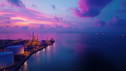 Obraz premium Breathtaking Aerial View of Refineries and Oil Tanks at Dusk with Glorious Purple and Pink Sky