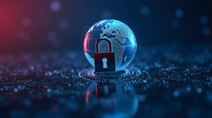 A glowing globe with a padlock icon in the center, symbolizing global cybersecurity.
