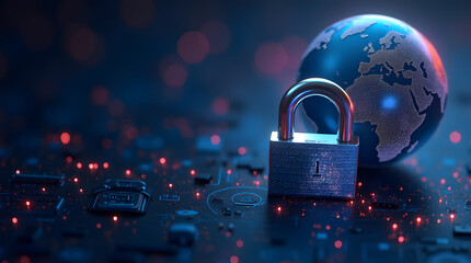 A glowing globe with a padlock icon in the center, symbolizing global cybersecurity.
