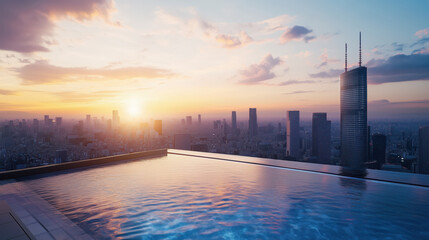 Fototapeta premium Infinity Pool on Rooftop Overlooking Urban Skyline at Sunset Offering Luxurious Cityscape View and Modern Architecture Vibes