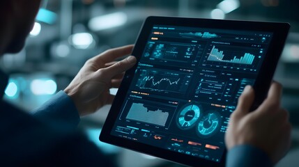 Business man or analyst expanding futuristic investment virtual screen over a modern tablet. Showing if charts and infographic for investment analysis. 