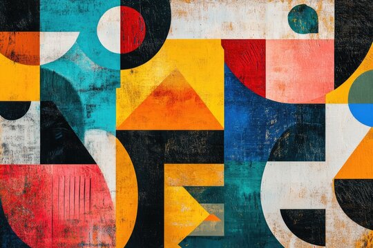 A vibrant abstract painting featuring a variety of shapes and colors