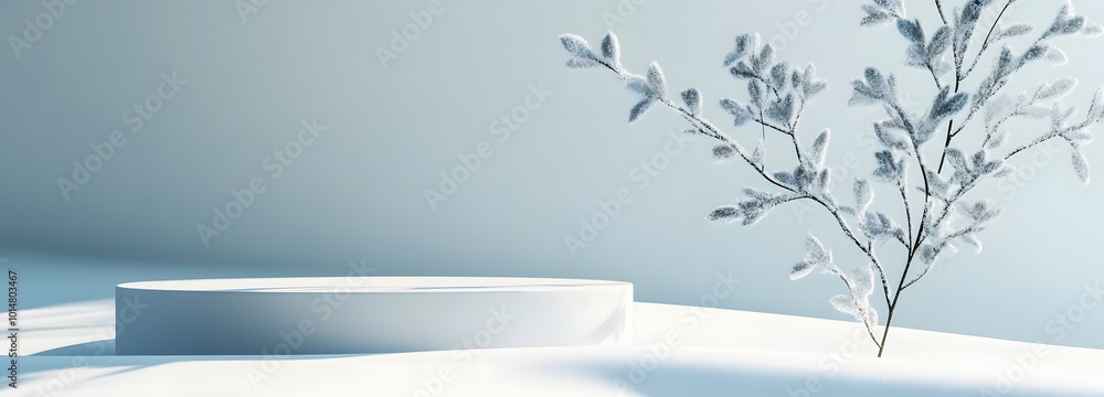 Aufkleber 1. a serene scene featuring an empty podium on a pristine winter snow background, creating a minimal