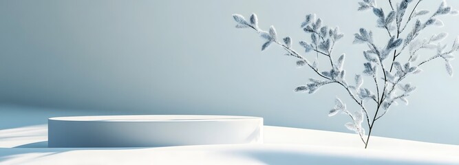 1. A serene scene featuring an empty podium on a pristine winter snow background, creating a minimalist mock-up placement for showcasing cosmetic products in a fashion advertisement