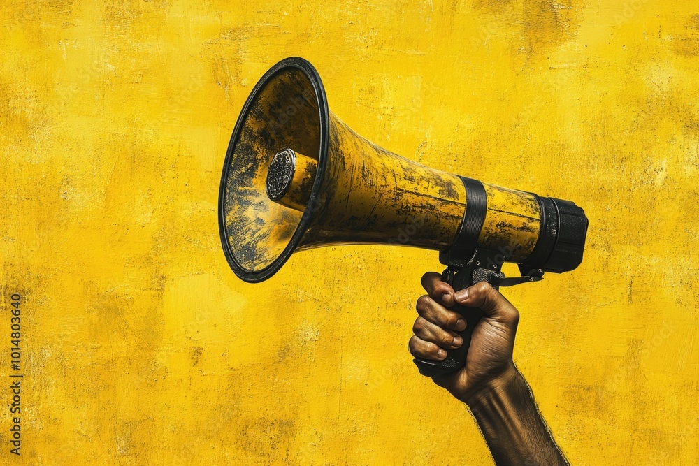 Poster person holding a megaphone in front of a bright yellow background, great for communication and expre