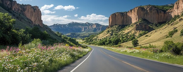A scenic road winding through a lush valley