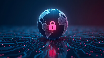 A glowing globe with a padlock icon in the center, symbolizing global cybersecurity.
