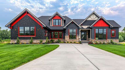 Fototapeta premium Exterior design of a home with scarlet accents, traditional style, featuring dark granite and birch details, expansive windows, chalk-colored roof trim, a cement driveway, and a well-kept grassy front