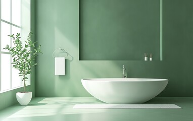 Modern green bathroom with bathtub and plant.