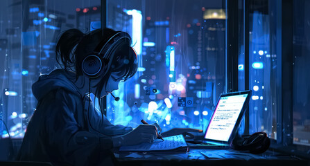 illustration of lonely solitude girl studying and coding with laptop by window with night city view, young woman learning programming with computer and listening music in headphones