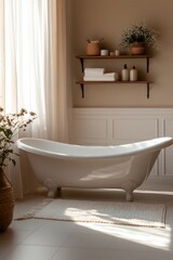Elegant Baroque bathtub in a minimalist bathroom featuring beige tones and high-quality white flooring with toiletries arranged on a shelf above