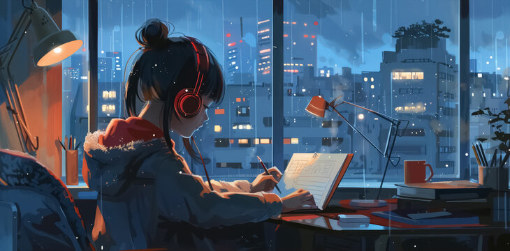 illustration of lonely solitude girl studying and coding with laptop by window with night city view, young woman learning programming with computer and listening music in headphones - Powered by Adobe