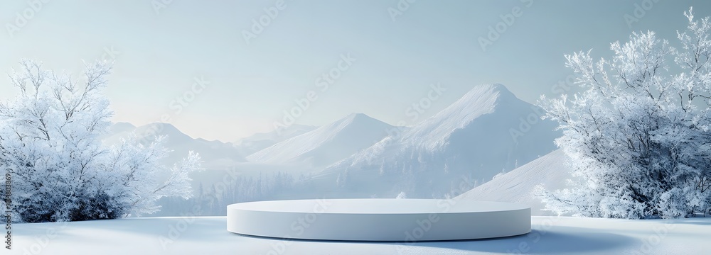 Poster 1. a serene scene featuring an empty podium on a pristine winter snow background, creating a minimal