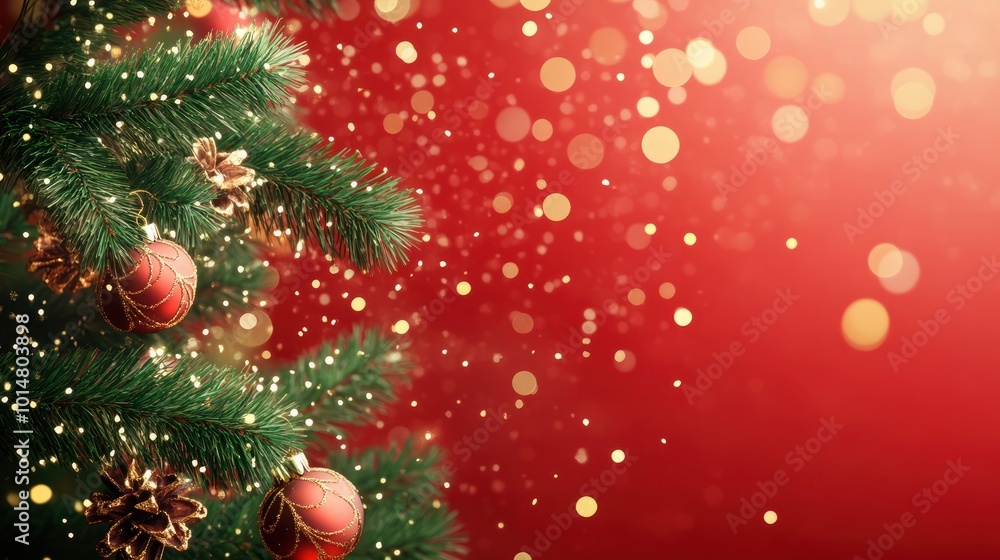 Wall mural christmas background with xmas tree and sparkle bokeh lights on red canvas background. merry christm