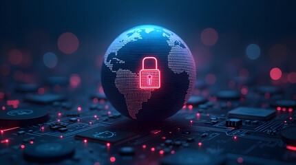 A glowing globe with a padlock icon in the center, symbolizing global cybersecurity.
