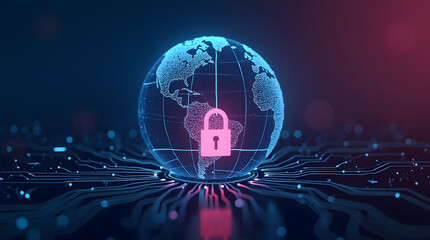 A glowing globe with a padlock icon in the center, symbolizing global cybersecurity.
