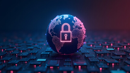 A glowing globe with a padlock icon in the center, symbolizing global cybersecurity.
