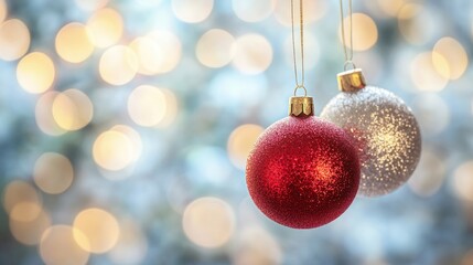 Christmas balls hanging on an out of focus background