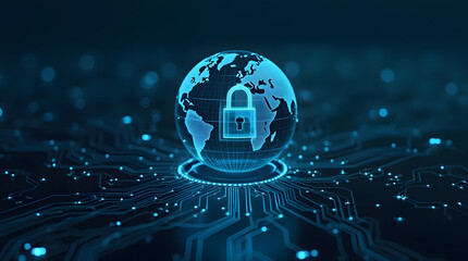 A glowing globe with a padlock icon in the center, symbolizing global cybersecurity.
