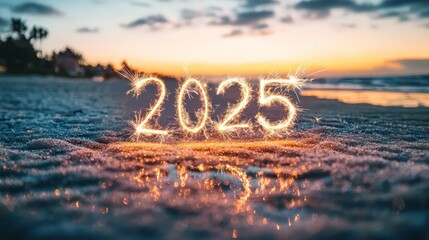 Sparkler lights up 2025 on the beach during a beautiful sunset to celebrate the New Year and create joyful memories with loved ones