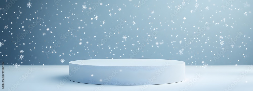Aufkleber 3. a captivating image of an empty podium in a tranquil winter setting, surrounded by gently falling