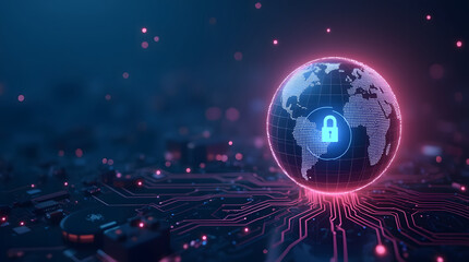 A glowing globe with a padlock icon in the center, symbolizing global cybersecurity.
