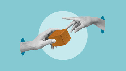 Concept of delivery service, online shopping, and the gift. Collage with male hand sending delivery...