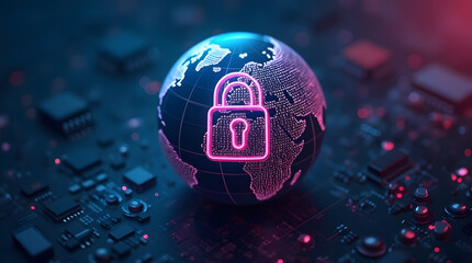 A glowing globe with a padlock icon in the center, symbolizing global cybersecurity.
