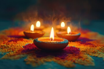 A group of lit candles sitting on a vibrant rug, perfect for decorative purposes or as a focal point in interior design