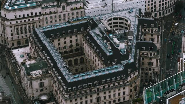 Bank of England (BoE), Threadneedle Street London Street aerial view of the City of London England the central bank of the United Kingdom