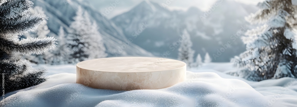 Poster 4. a stylish 3d render of a mock-up podium on a smooth blanket of snow, creating a clean and sophist