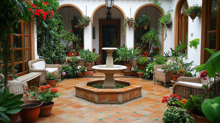 Tranquil Courtyard Oasis: Embracing Nature and Serenity in a Lush Garden Retreat with a Charming Fountain and Vibrant Floral Accents