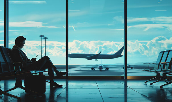 businessman traveler sits at airport terminal and waiting plane, focused on tablet or phone. Airplanes taking off in background, business man wait for flight at sunrise or sunset