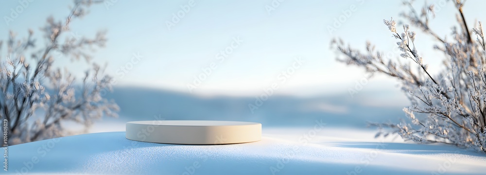 Poster 4. a stylish 3d render of a mock-up podium on a smooth blanket of snow, creating a clean and sophist
