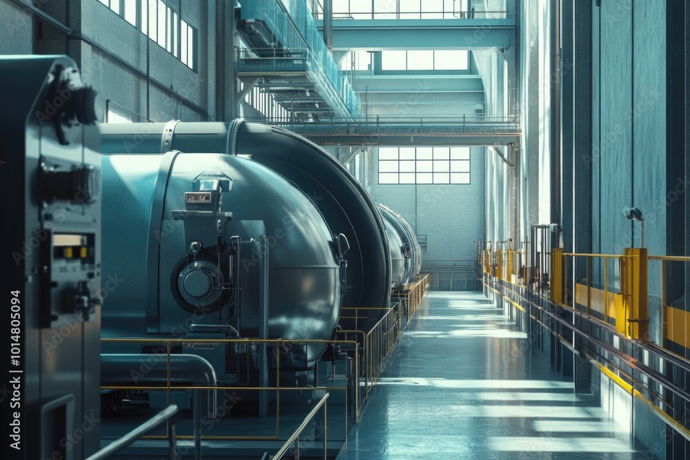 Poster long rows of industrial pipes installed in a building