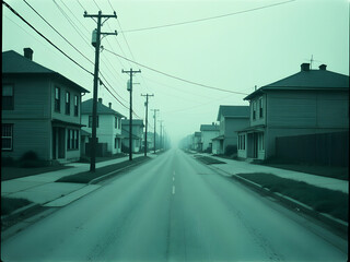 Serene Foggy Suburban Street Scene with Muted Green Palette, Featuring Diverse Architectural Styles of Residential Houses, Capturing the Quiet Beauty of Misty Morning in Peaceful Neighborhood