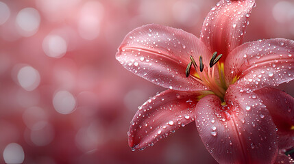 Fototapeta premium A close-up of a pink lily in bloom with raindrops on the petals a soft, blurred background