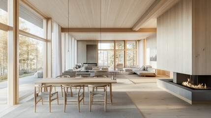 Embracing Nature: A Modern, Minimalist Living Space with Inviting Warmth and Natural Light