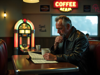 Mature Man in Black Leather Jacket Reading Book While Sipping Coffee in Cozy Diner with Warm Ambiance, Retro Decor, Colorful Jukebox, Soft Lighting - Reflective Moment in Nostalgic Setting
