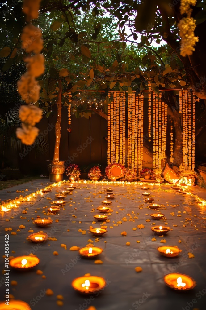Poster a path of lights and flowers is lit up in a garden. the lights are arranged in a way that they creat