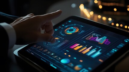 Business man or analyst expanding futuristic investment virtual screen over a modern tablet. Showing if charts and infographic for investment analysis. 