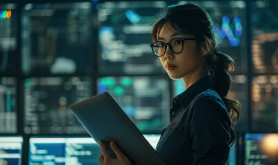 woman in futuristic data center works on glowing screen filled with data and code, tech professional or hacker in a cyberpunk, neon-lit world