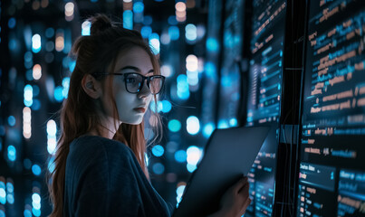 woman in futuristic data center works on glowing screen filled with data and code, tech professional or hacker in a cyberpunk, neon-lit world