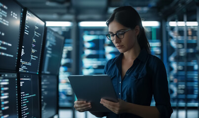 woman in futuristic data center works on glowing screen filled with data and code, tech professional or hacker in a cyberpunk, neon-lit world