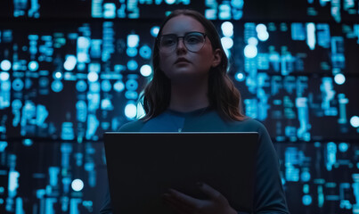woman in futuristic data center works on glowing screen filled with data and code, tech professional or hacker in a cyberpunk, neon-lit world