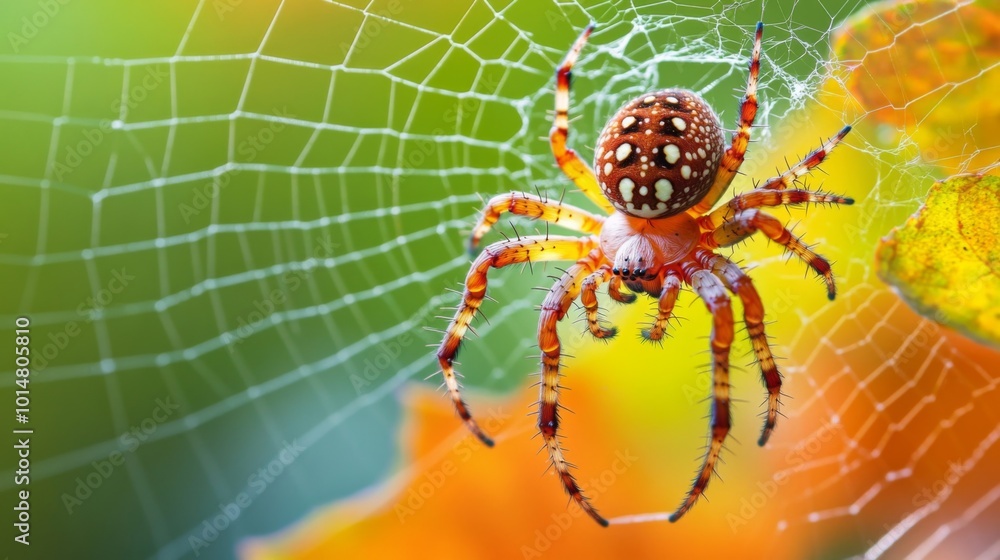 Poster colorful spider on web in nature setting