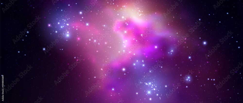 Poster space vector background with realistic nebula and shining stars. magic colorful galaxy with stardust