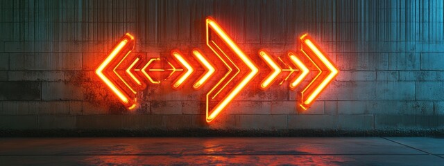 Vibrant orange neon chevrons forming an arrow sign, bold and eye-catching, ideal for guiding or attracting attention in urban settings.
